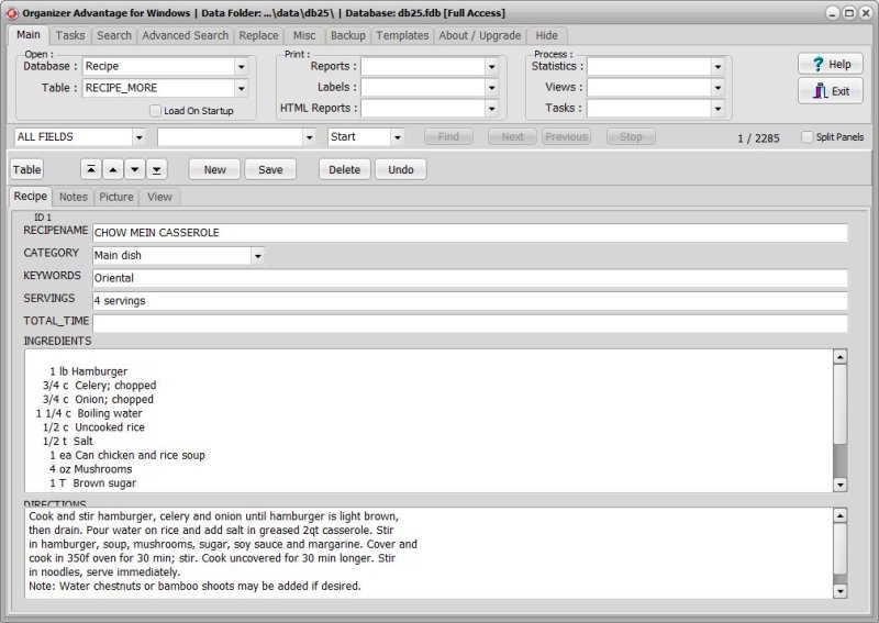 Recipe Cataloging Software for Windows PCs view